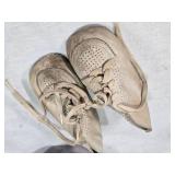 Assorted vintage decorative items including a Atlantic Mold Ceramic Victorian shoe, USA Ceramic Pitcher, Mango Wood Container, beer stein and More