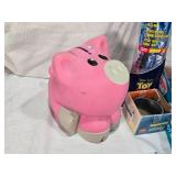 Lot of Vintage Toys and Collectibles including Little Tikes Piggy Bank, Toy Story Kite, and Trading Cards Like PukeMon