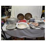 Kitchenware Items including Queen Ann Glasbake Cake Pan, Pyrex Cake Pan, Rice Cooker Pan No Lid, Copper Measuring Cups, and Glass Bowls