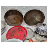 Kitchenware Items including Queen Ann Glasbake Cake Pan, Pyrex Cake Pan, Rice Cooker Pan No Lid, Copper Measuring Cups, and Glass Bowls