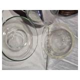 Kitchenware Items including Queen Ann Glasbake Cake Pan, Pyrex Cake Pan, Rice Cooker Pan No Lid, Copper Measuring Cups, and Glass Bowls