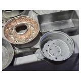 Kitchenware Items including Queen Ann Glasbake Cake Pan, Pyrex Cake Pan, Rice Cooker Pan No Lid, Copper Measuring Cups, and Glass Bowls