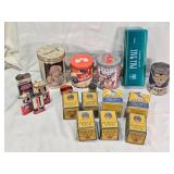 Vintage Collectible Tins and Cans Lot including Gillette Safety Razor Tin, Planters Peanuts Tin, and Blue Bird Oil Stove Wick Boxes