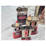 Vintage Collectible Tins and Cans Lot including Gillette Safety Razor Tin, Planters Peanuts Tin, and Blue Bird Oil Stove Wick Boxes