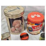 Vintage Collectible Tins and Cans Lot including Gillette Safety Razor Tin, Planters Peanuts Tin, and Blue Bird Oil Stove Wick Boxes