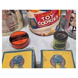 Vintage Collectible Tins and Cans Lot including Gillette Safety Razor Tin, Planters Peanuts Tin, and Blue Bird Oil Stove Wick Boxes