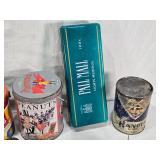 Vintage Collectible Tins and Cans Lot including Gillette Safety Razor Tin, Planters Peanuts Tin, and Blue Bird Oil Stove Wick Boxes