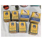 Vintage Collectible Tins and Cans Lot including Gillette Safety Razor Tin, Planters Peanuts Tin, and Blue Bird Oil Stove Wick Boxes