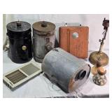 1930s Montgomery Ward Electric Fence Controller and Vintage Fuel Tanks and Akron Diamond Kerosene Lamp