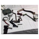 Empty Automobile First Aid Kit No. 40, Vintage Tools, and Accessories Lot including Funnel, Crank, Light