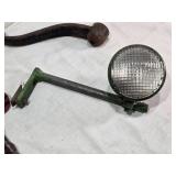 Empty Automobile First Aid Kit No. 40, Vintage Tools, and Accessories Lot including Funnel, Crank, Light