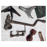 Empty Automobile First Aid Kit No. 40, Vintage Tools, and Accessories Lot including Funnel, Crank, Light