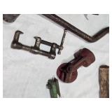 Empty Automobile First Aid Kit No. 40, Vintage Tools, and Accessories Lot including Funnel, Crank, Light