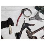 Empty Automobile First Aid Kit No. 40, Vintage Tools, and Accessories Lot including Funnel, Crank, Light