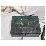 Empty Automobile First Aid Kit No. 40, Vintage Tools, and Accessories Lot including Funnel, Crank, Light