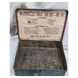 Empty Automobile First Aid Kit No. 40, Vintage Tools, and Accessories Lot including Funnel, Crank, Light