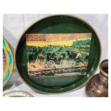 Movieland Wax Museum Tray, Italian Automobili Tray, Brass Bucket with Geese and Various Other Brass Items