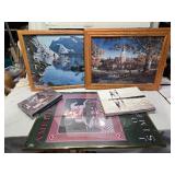 Framed Puzzle Art and Prints Collection including Terry Redlin Signed Puzzle, Americana Poster, and Various Prints