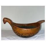 Antique Norwegian Hand-Carved Drinking Bowl with Bird Handle