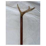 Vintage Wood Walking Stick with Antler Handle