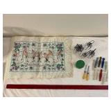 Vintage Needlepoint, Peg Dolls, Wire Chairs, Utensils Lot