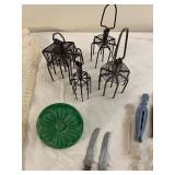 Vintage Needlepoint, Peg Dolls, Wire Chairs, Utensils Lot