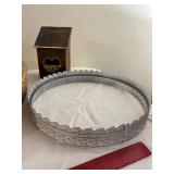 Vintage Wicker Tray, Decorative Metal Tray & Birdhouse Set