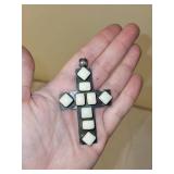 Vintage Mexico 925 Sterling Silver Cross Pendant with White Inlay