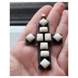 Vintage Mexico 925 Sterling Silver Cross Pendant with White Inlay