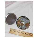 Assorted Foreign Coins in Metal Tin - Coin Collection Lot