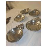 Set of 6 Pewter Porringer Dishes with Ornate Handles