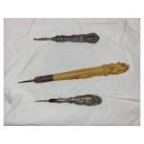 Set of 3 Antique Crochet Hooks with Ornate Handles incl Sterling Silver