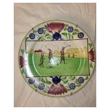 Antique Stick Spatterware Rabbitware Plate with Rabbits Playing Golf Design