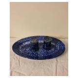 Vintage Blue Spatterware Platter with Salt and Pepper Shakers
