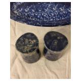 Vintage Blue Spatterware Platter with Salt and Pepper Shakers