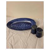 Vintage Blue Spatterware Platter with Salt and Pepper Shakers