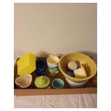Mixed Lot of Colorful Ceramic and Plastic Kitchenware Bowls and Containers