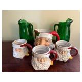 Santa Themed Ceramic Mugs and Pitcher Set with Green Glasses
