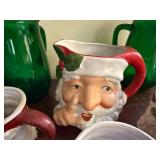 Santa Themed Ceramic Mugs and Pitcher Set with Green Glasses