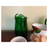 Santa Themed Ceramic Mugs and Pitcher Set with Green Glasses
