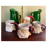 Santa Themed Ceramic Mugs and Pitcher Set with Green Glasses