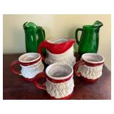 Santa Themed Ceramic Mugs and Pitcher Set with Green Glasses