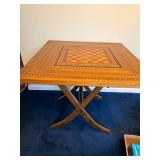 Vintage Wooden Folding Chess Table with Intricate Inlay Design