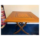 Vintage Wooden Folding Chess Table with Intricate Inlay Design