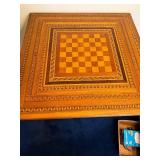 Vintage Wooden Folding Chess Table with Intricate Inlay Design