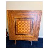 Vintage Wooden Folding Chess Table with Intricate Inlay Design