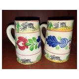 Set of 2 Antique C 1900 ~ Stick Spatter Rabbitware Rabbit Mugs