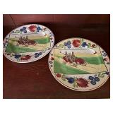 Pair of Antique Stick Spatter Spongeware Rabbitware Rabbit Plate ~ Jalopy Car c 1900