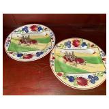 Pair of Antique Stick Spatter Spongeware Rabbitware Rabbit Plate ~ Jalopy Car c 1900