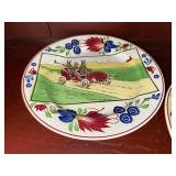 Pair of Antique Stick Spatter Spongeware Rabbitware Rabbit Plate ~ Jalopy Car c 1900